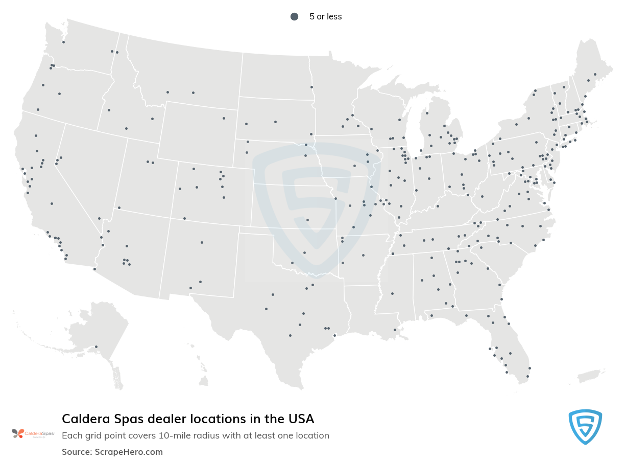Map of Caldera Spas dealers in the United States