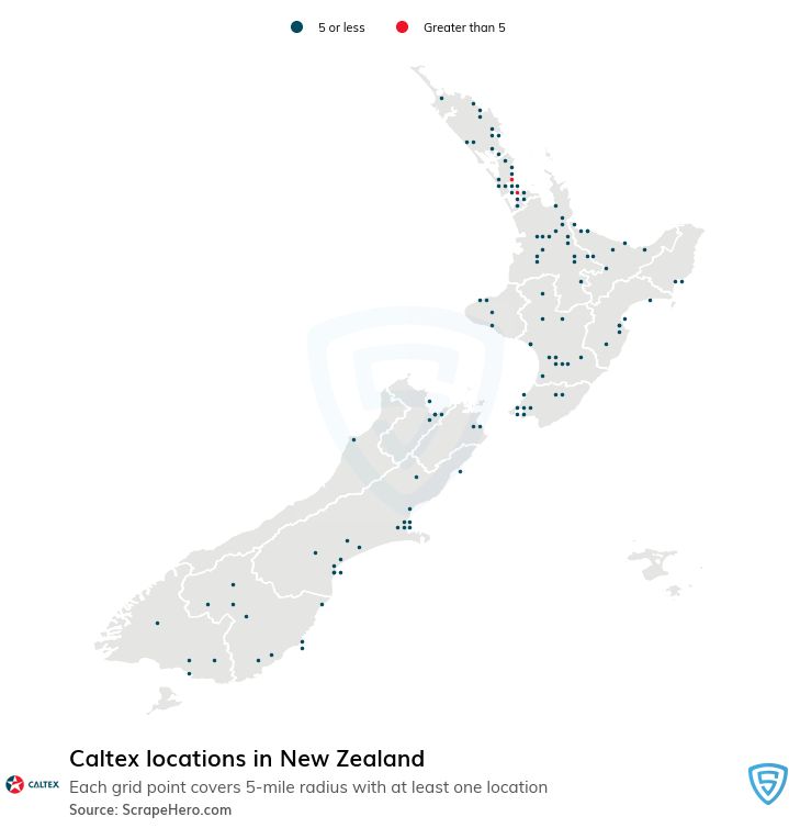 Map of Caltex gas stations in New Zealand