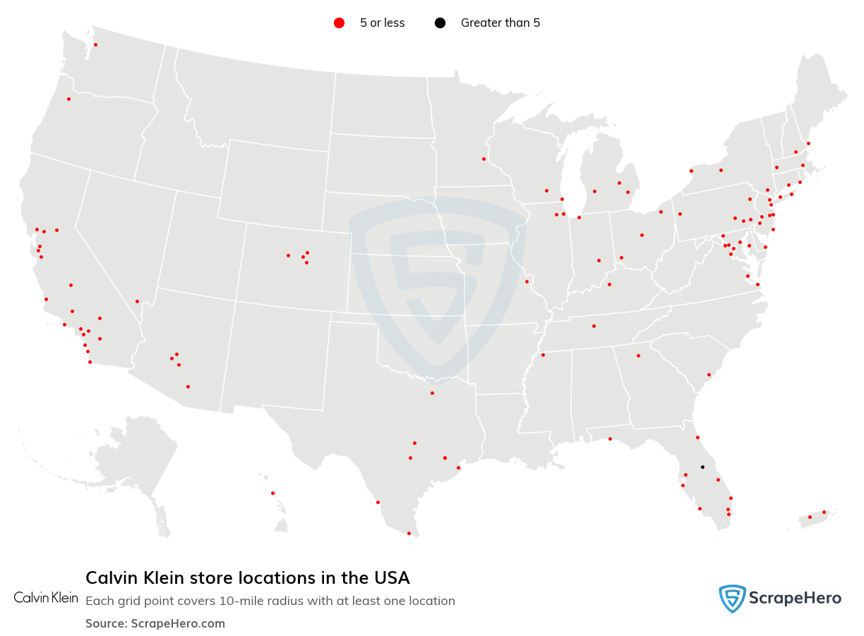 Map of Calvin Klein stores in the United States