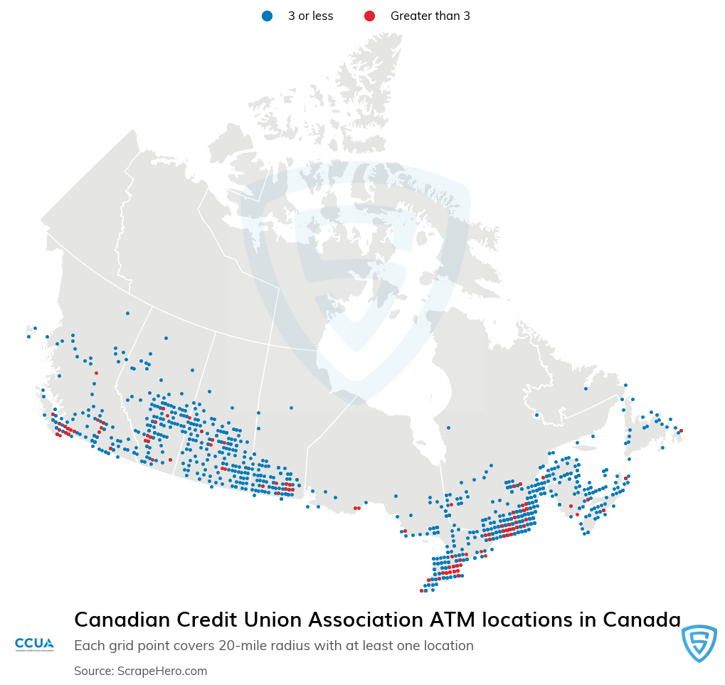 Map of Canadian Credit Union Association ATM locations in Canada