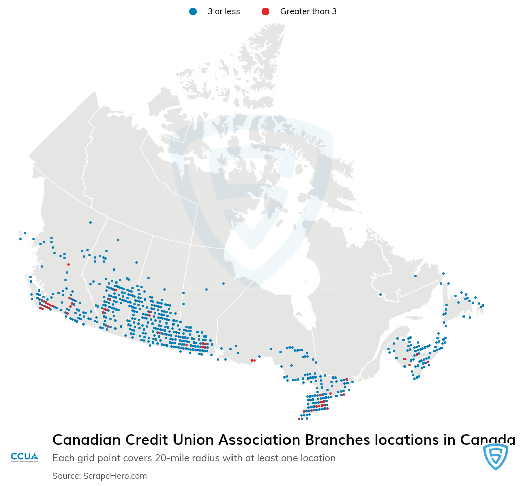Map of Canadian Credit Union Association Branches locations in Canada