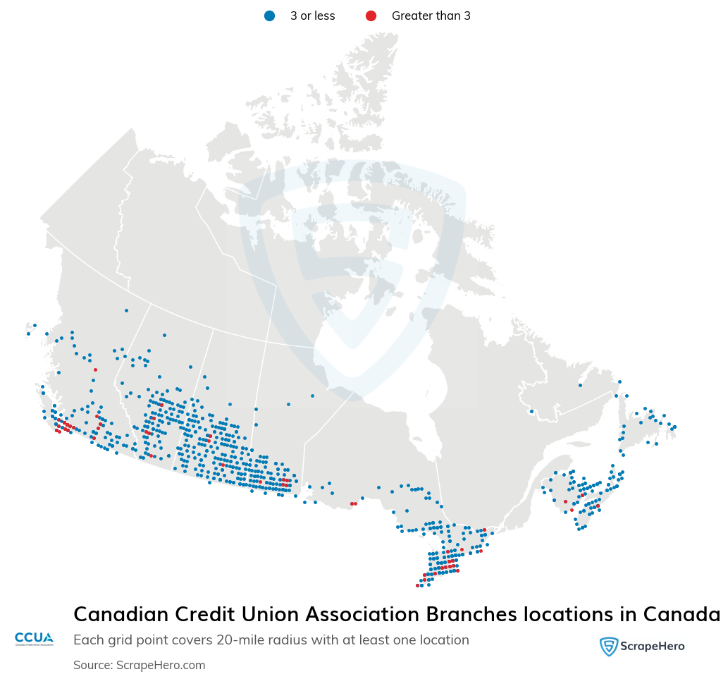 Map of Canadian Credit Union Association Branches locations in Canada