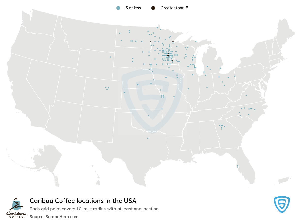 Map of Caribou Coffee locations in the United States in 2022