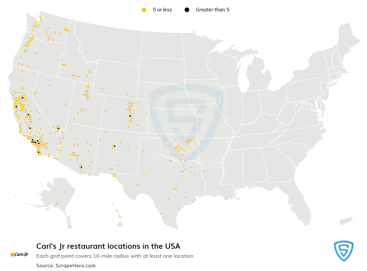 Map of Carls Jr stores in the United States