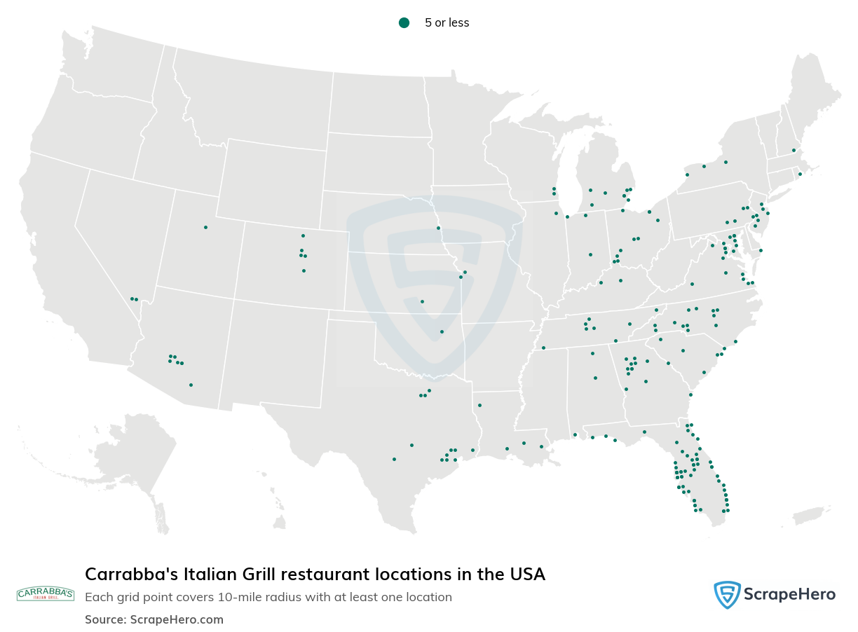 Map of Carrabba's Italian Grill restaurants in the United States