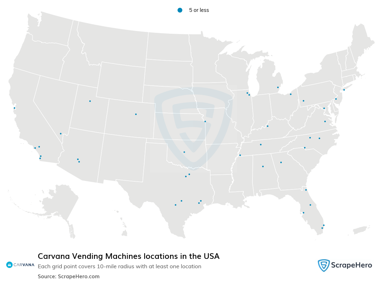 Map of Carvana Vending Machines locations in the United States