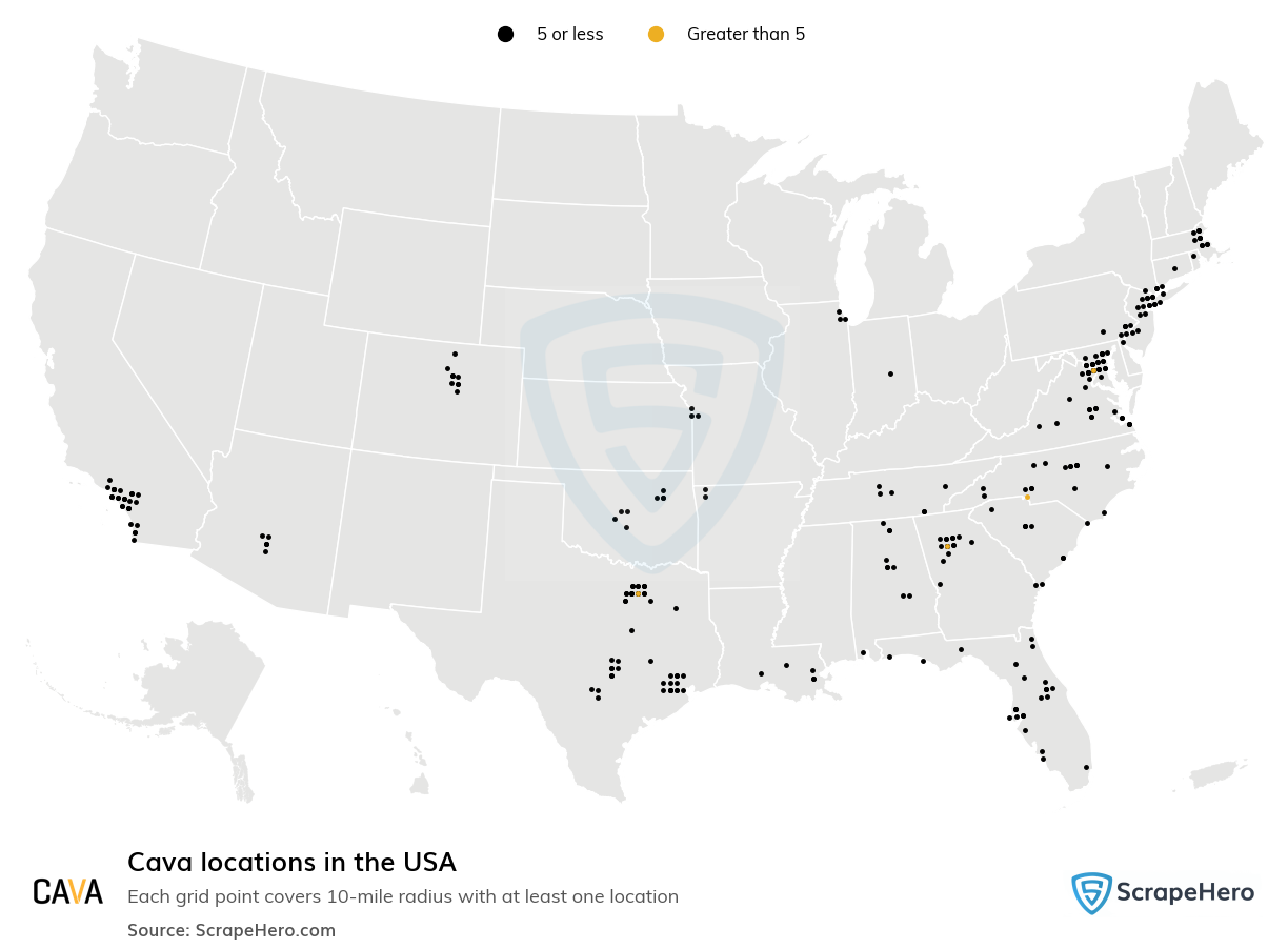 Map of Cava locations in the United States