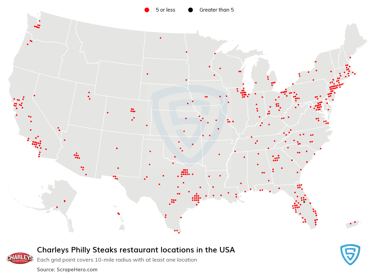 Map of Charleys Philly Steaks restaurants in the United States