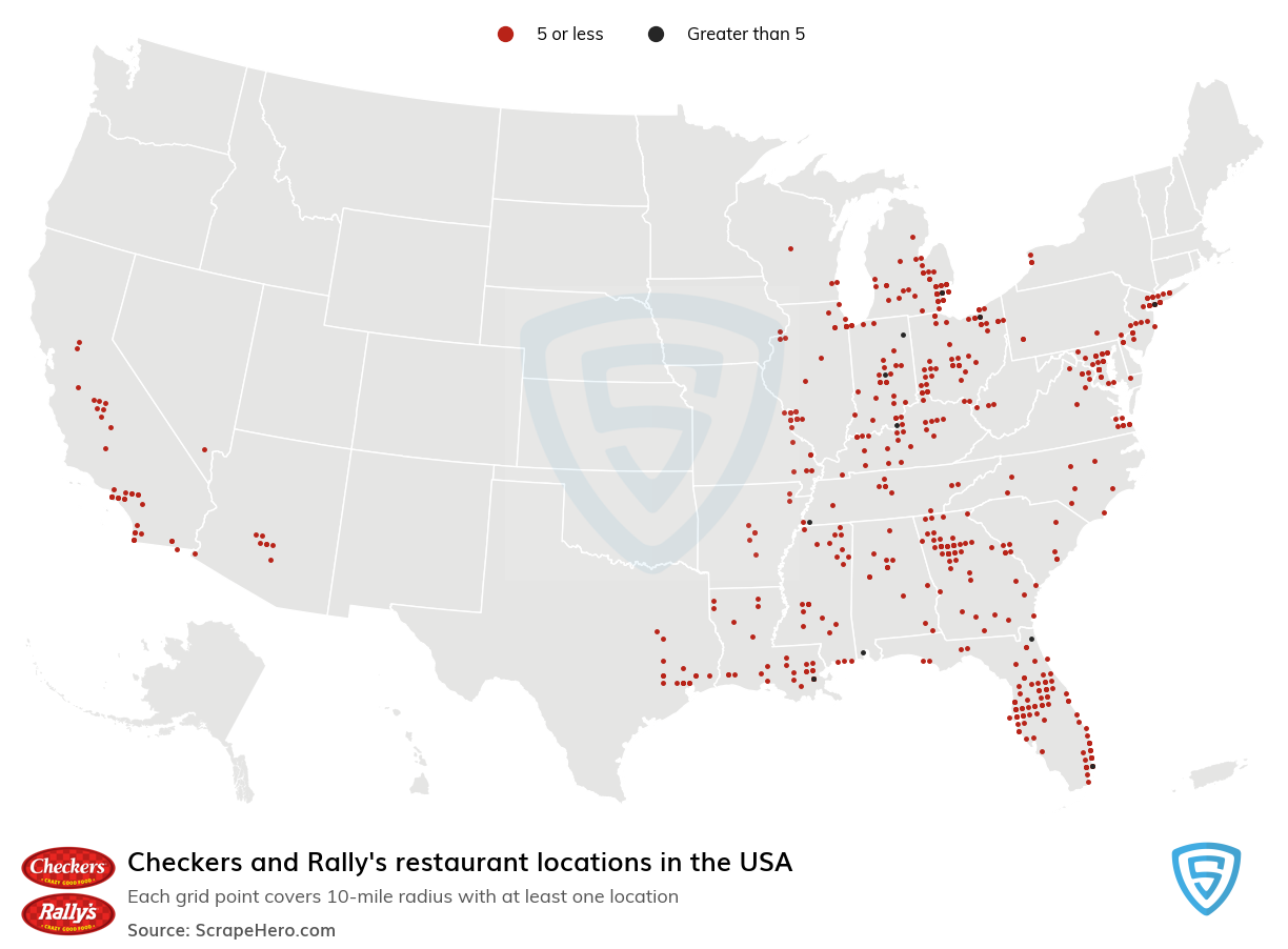 Map of Checkers and Rally's restaurants in the United States