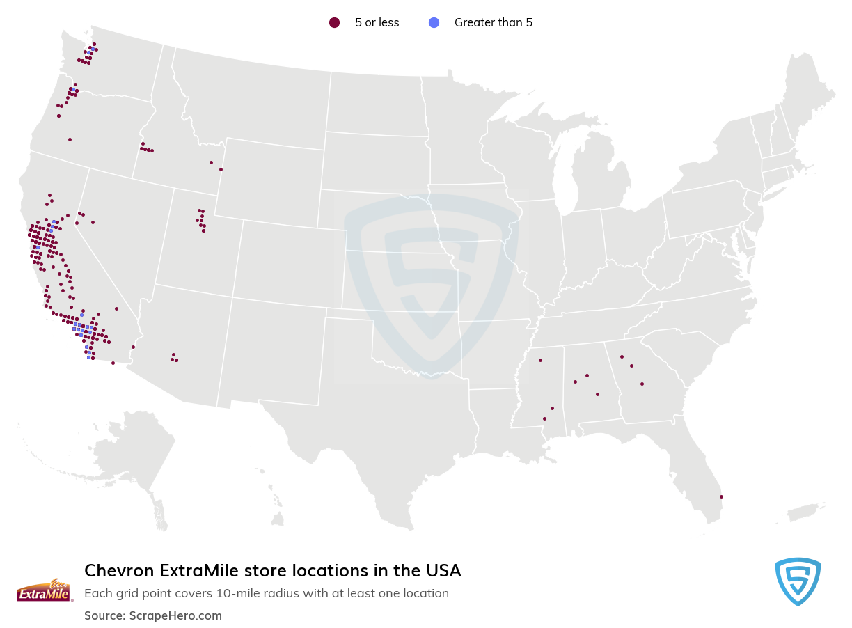 Map of Chevron ExtraMile retail stores in the United States