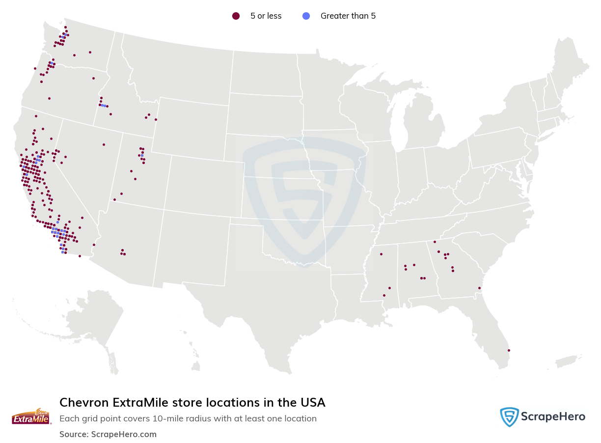 Map of Chevron ExtraMile stores in the United States