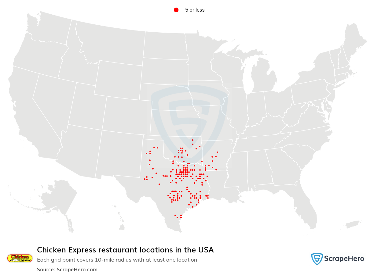 Map of Chicken Express restaurants in the United States