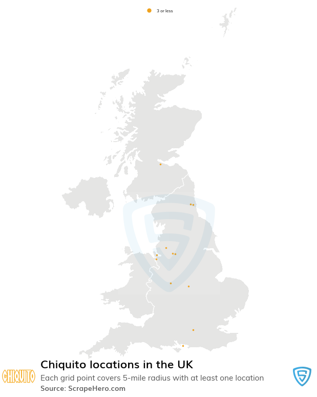 Map of Chiquito restaurants in the United Kingdom