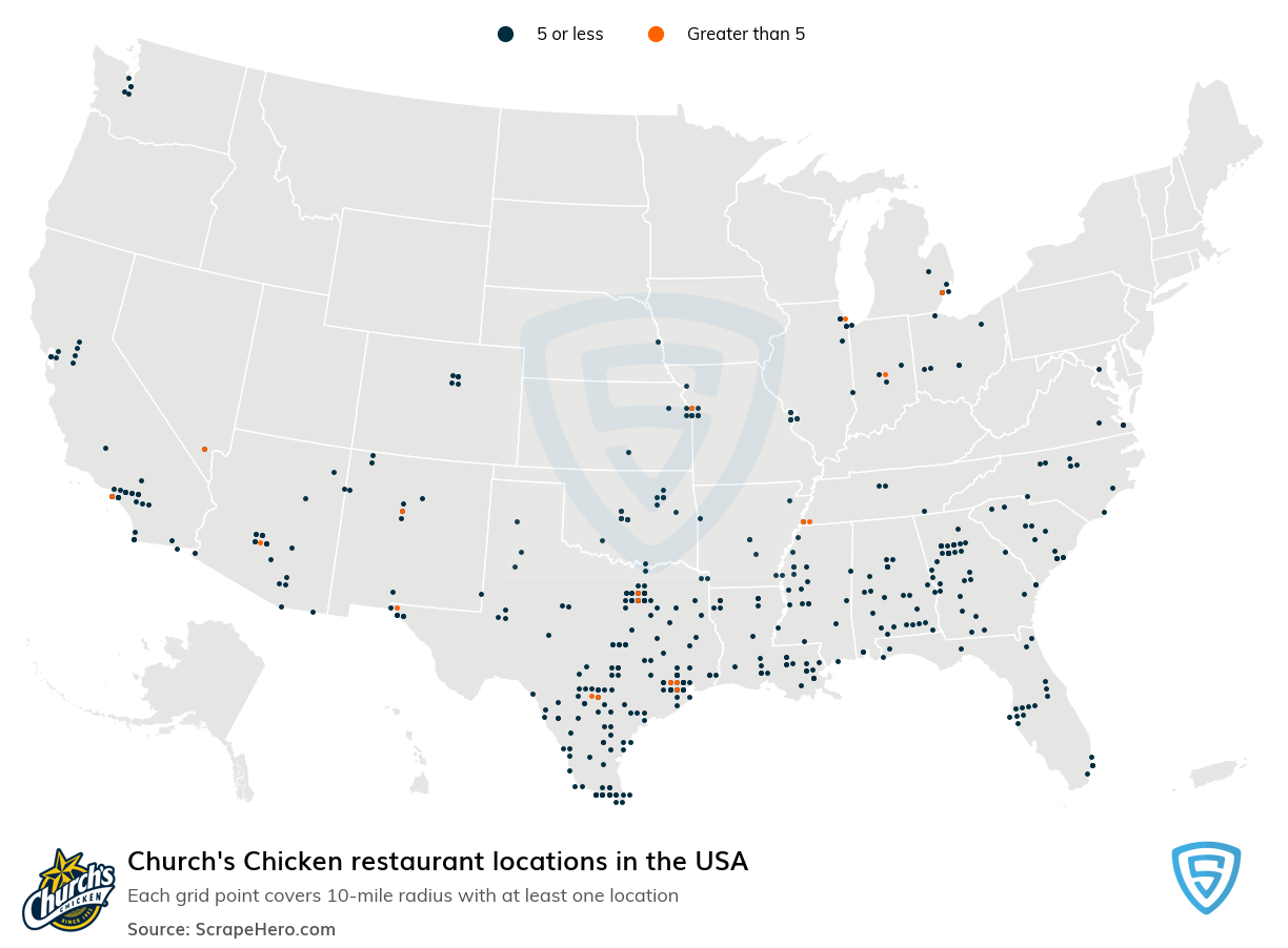 Map of Church's Chicken restaurants in the United States