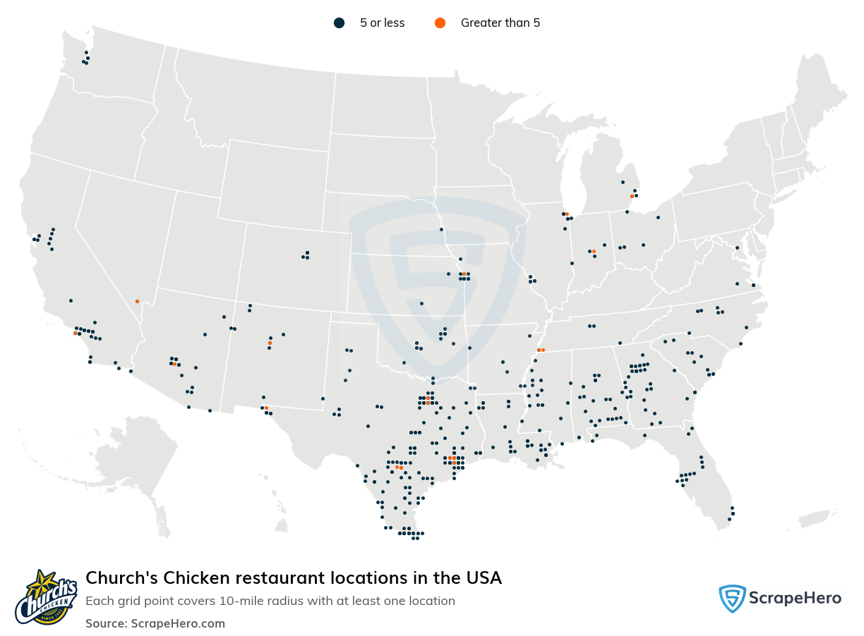 Map of Church's Chicken restaurants in the United States