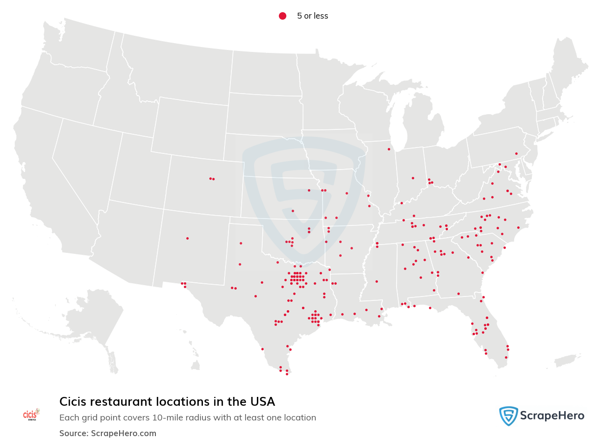 Map of Cicis restaurants in the United States