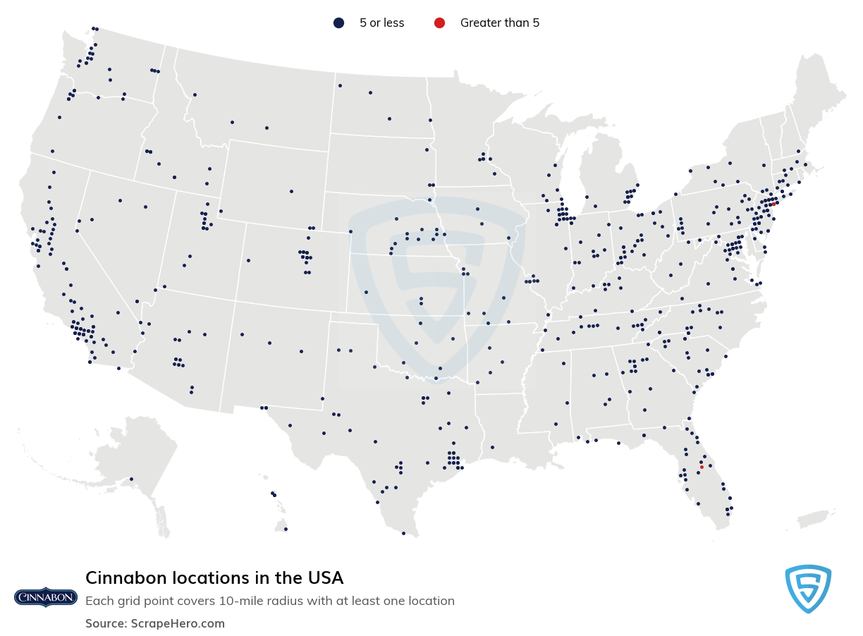 Map of Cinnabon locations in the United States