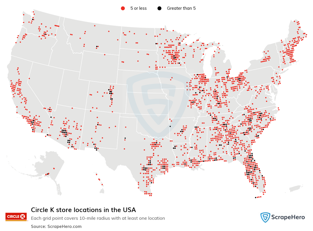 Map of Circle K stores in the United States