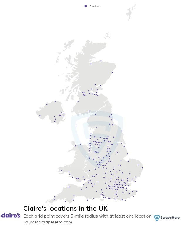 Map of Claire's stores in the United Kingdom
