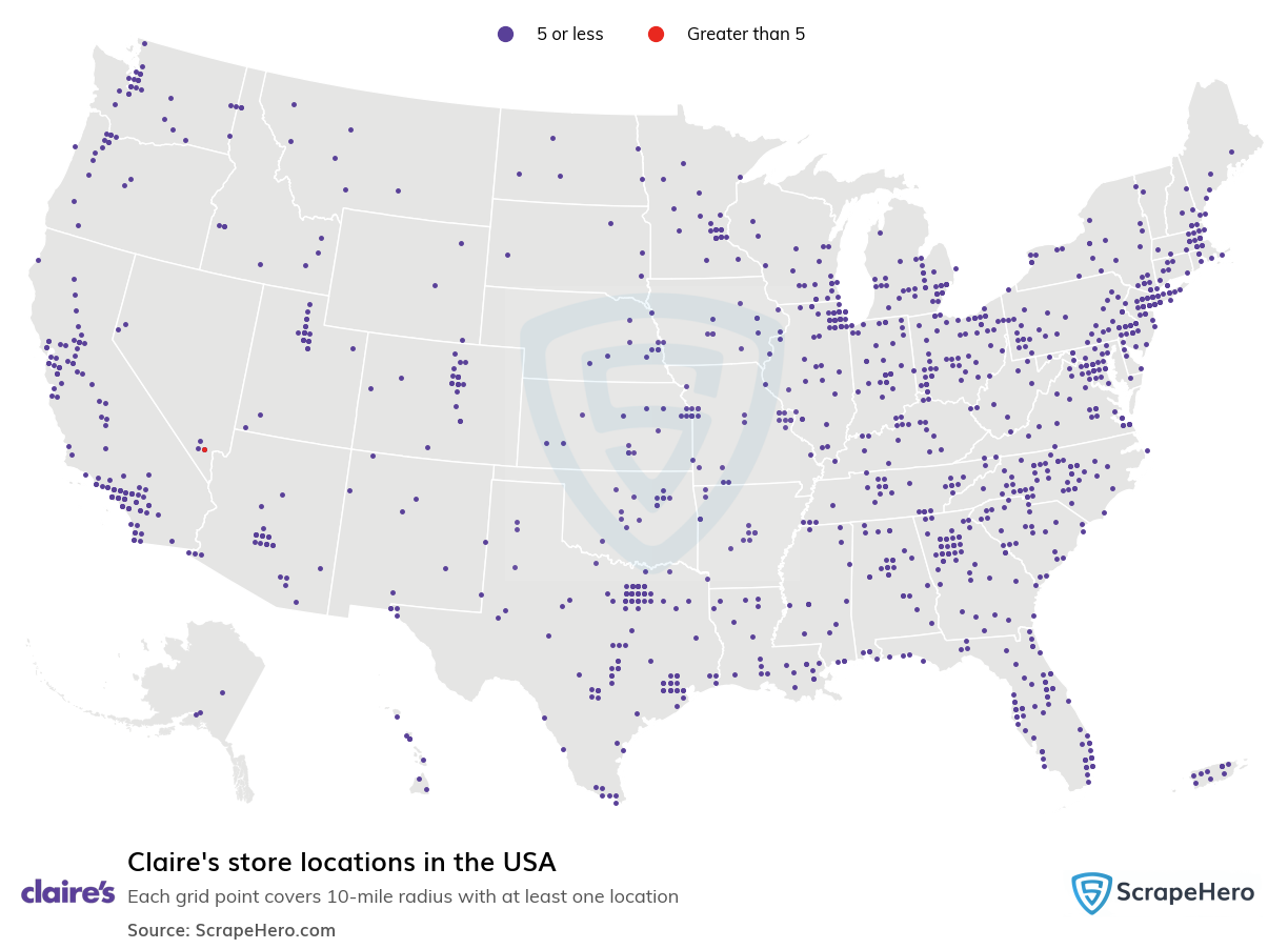 Map of Claire's stores in the United States