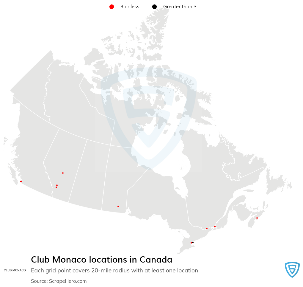 Map of Club Monaco retail stores in Canada