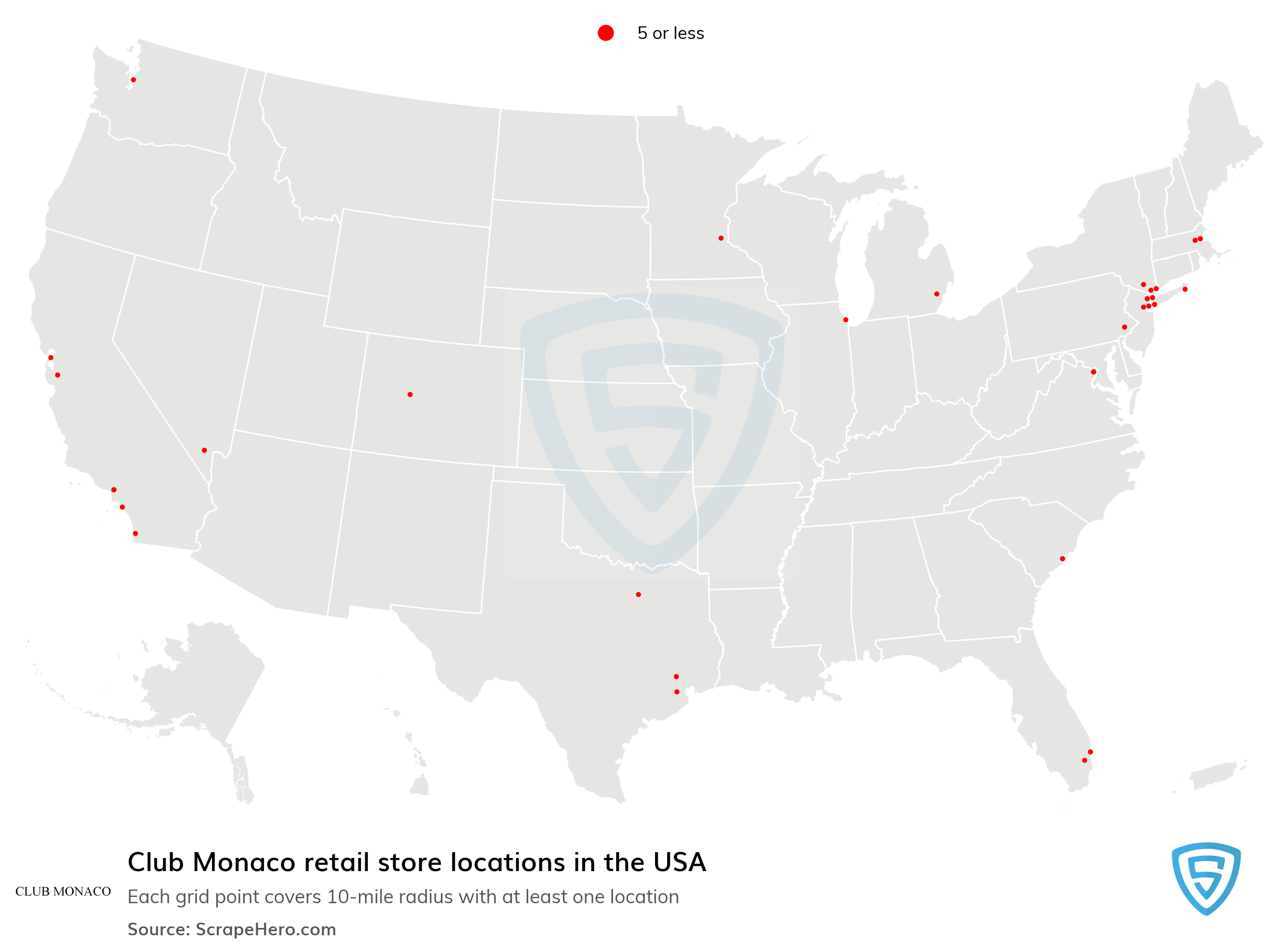 Number of Club Monaco locations in the USA in 2023