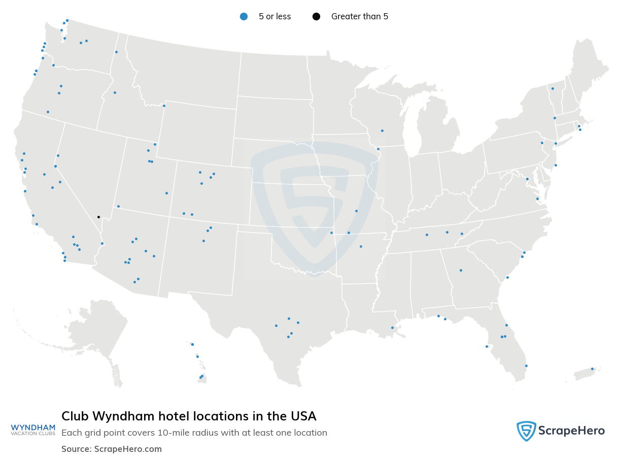 Map of Club Wyndham hotels in the United States