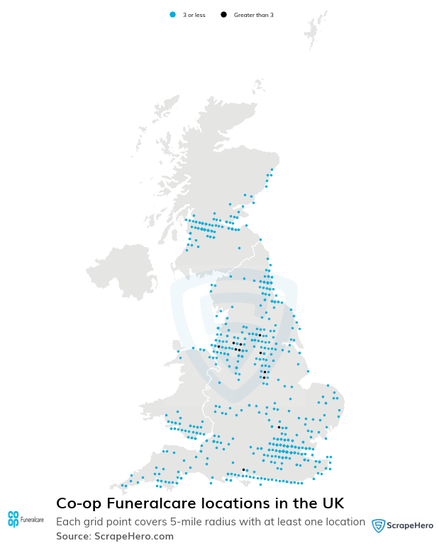 Map of Co-op Funeralcare locations in the United Kingdom