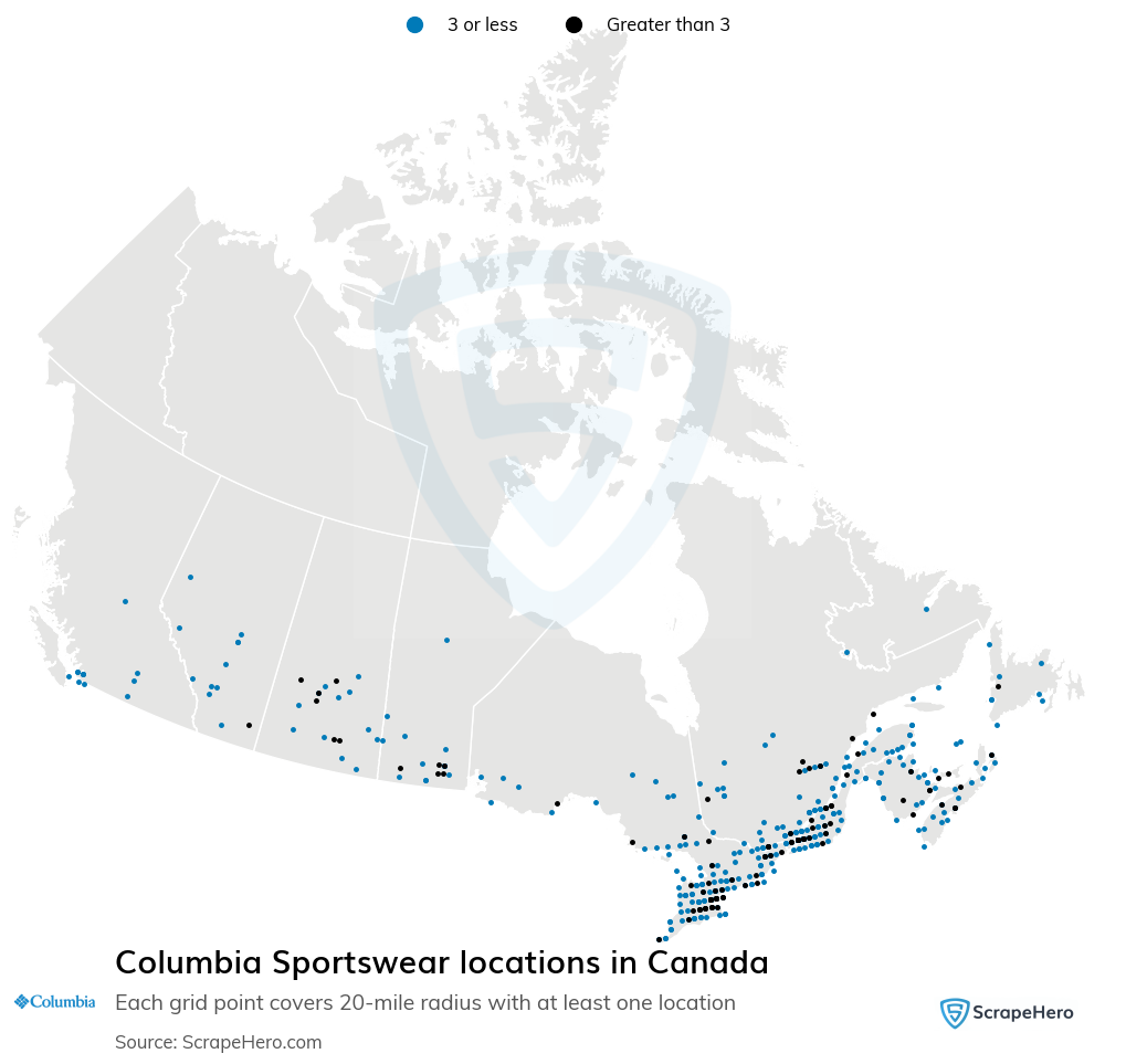 Map of Columbia Sportswear retail stores in Canada