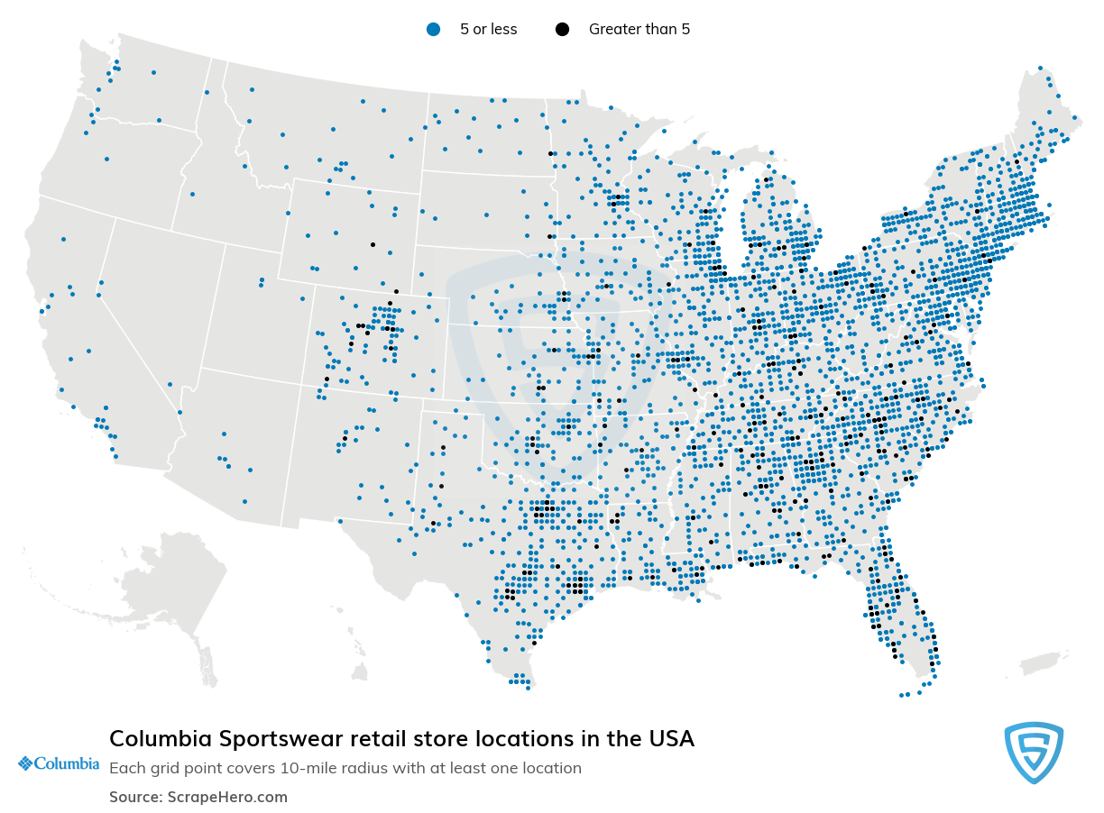 Map of Columbia Sportswear retail stores in the United States