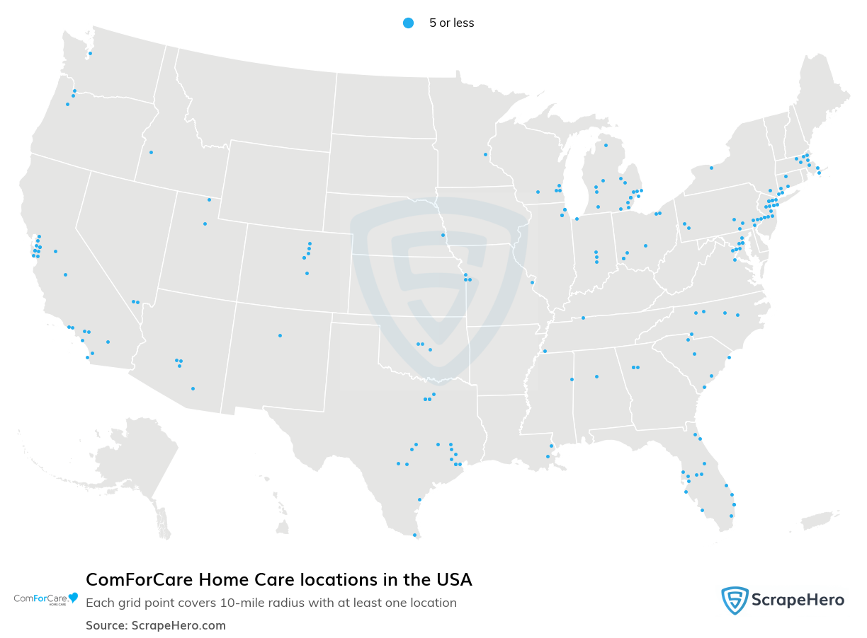 Map of ComForCare Home Care locations in the United States