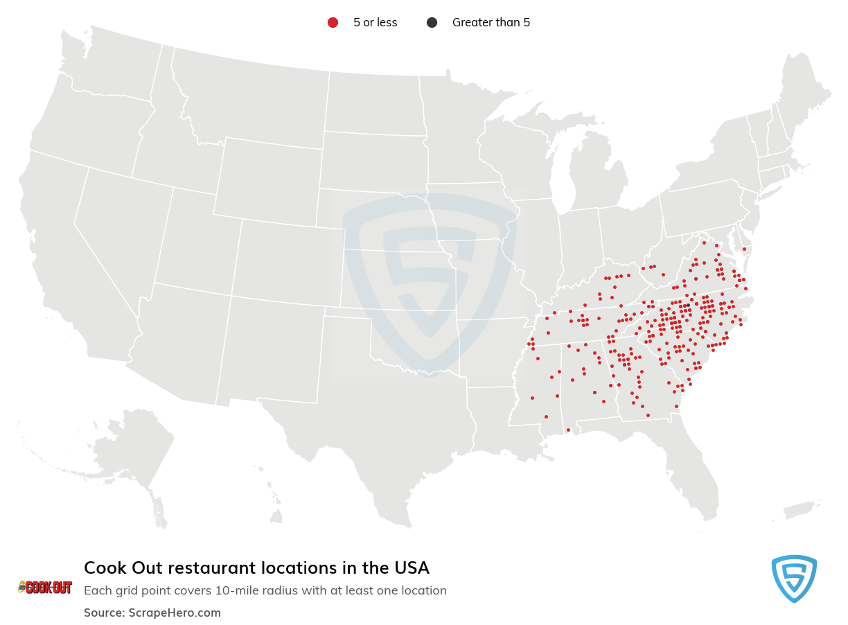 Map of Cook Out restaurants in the United States