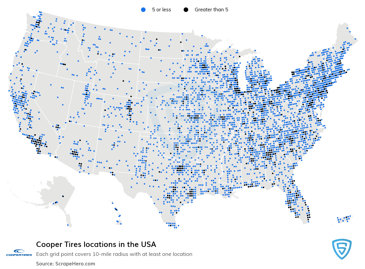 Map of Cooper Tires locations in the United States