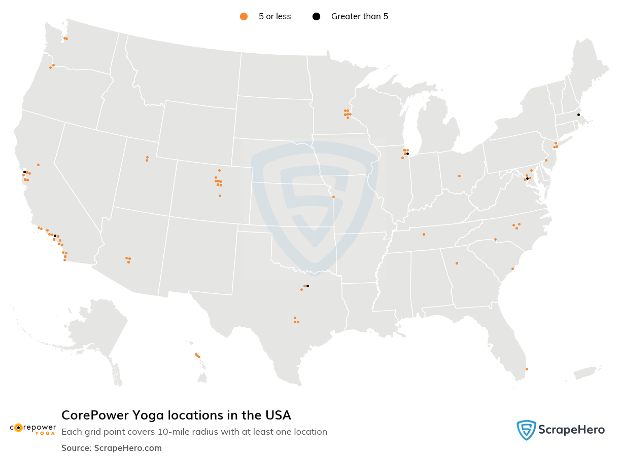 Map of CorePower Yoga locations in the United States