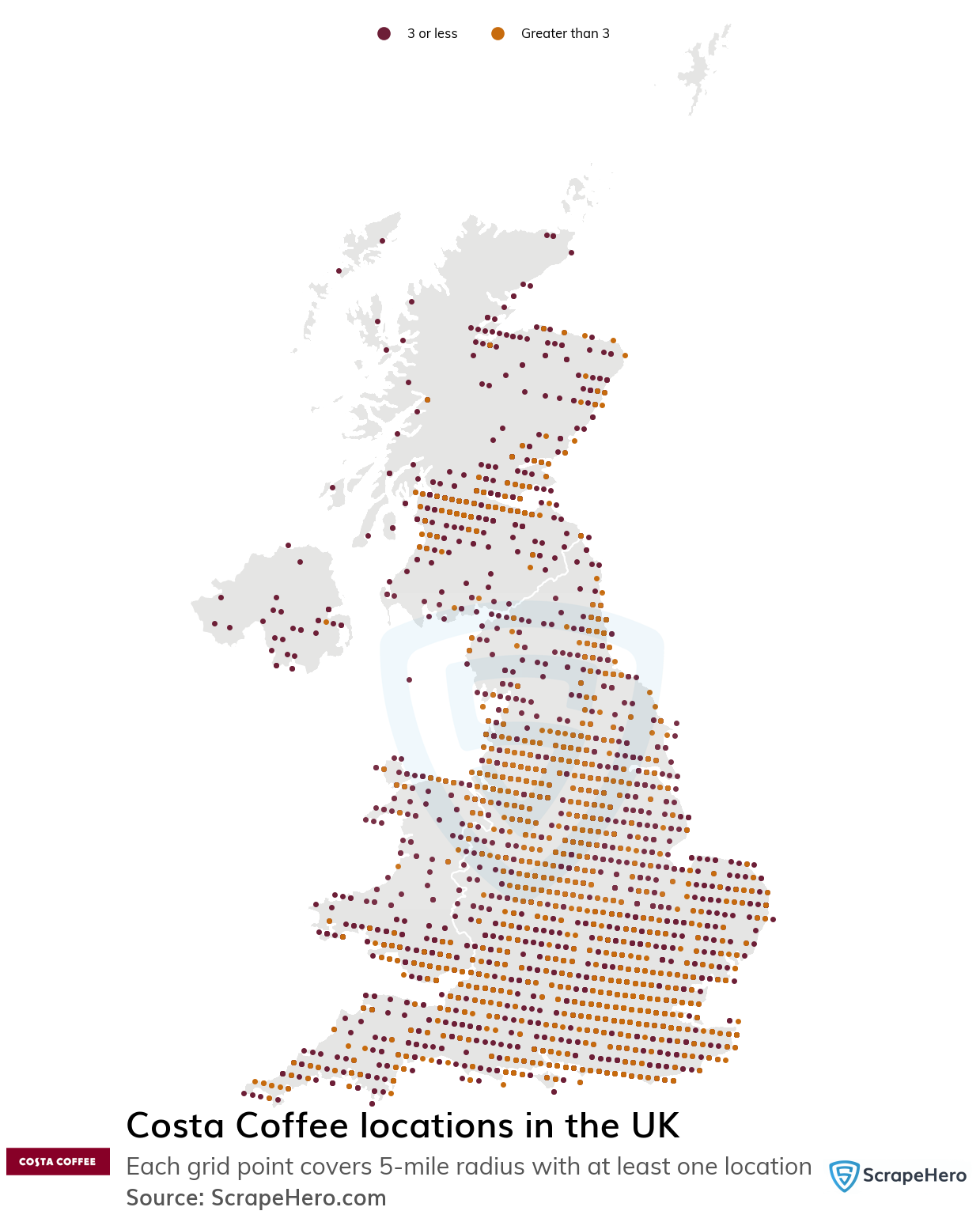 Number of Costa Coffee locations in the UK in 2023