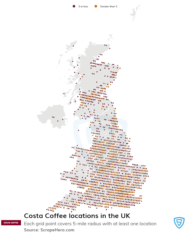 Map of Costa Coffee locations in the United Kingdom in 2022