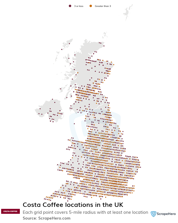 Map of Costa Coffee locations in the United Kingdom