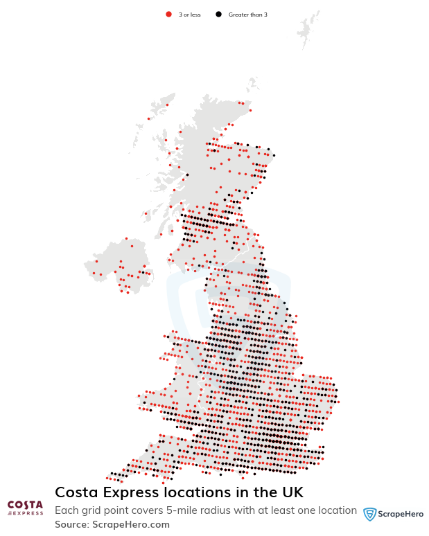 Map of Costa Express locations in the United Kingdom