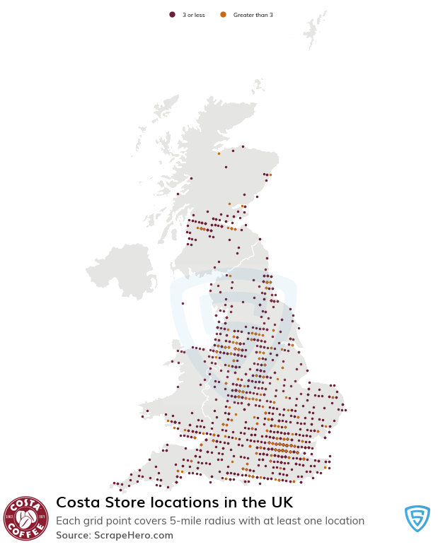 Map of Costa Store locations in the United Kingdom