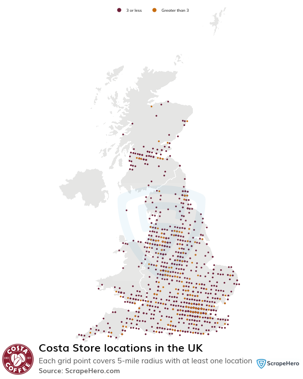 Map of Costa Store locations in the United Kingdom