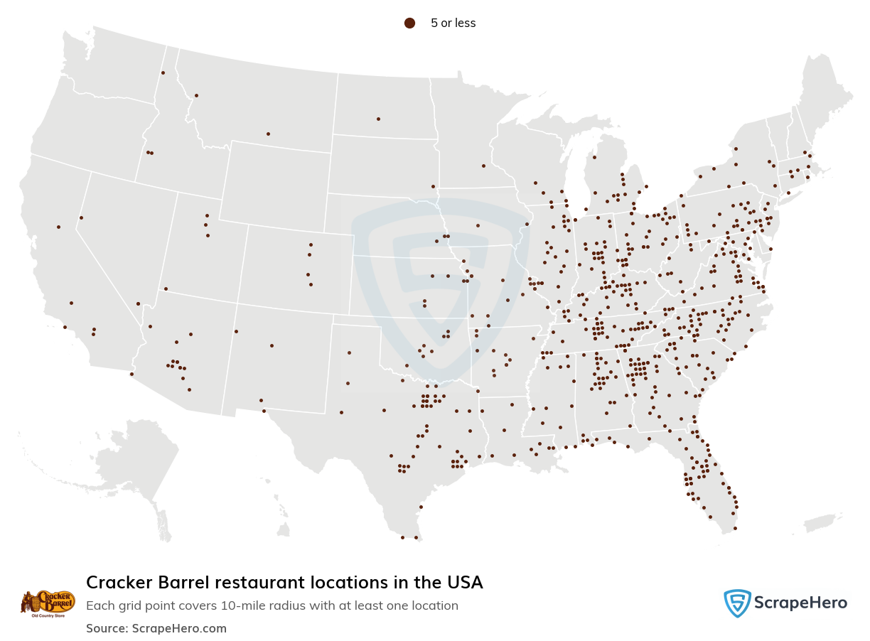 Map of Cracker Barrel restaurants in the United States