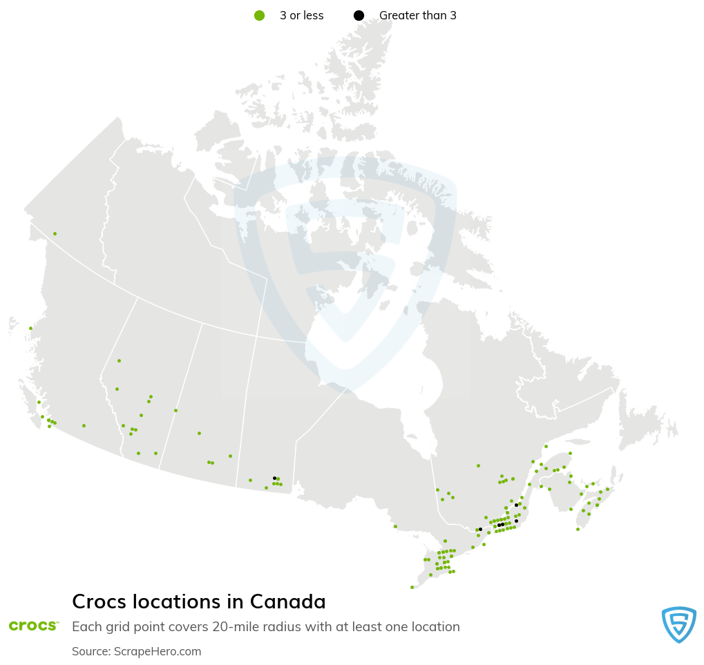 Map of Crocs locations in Canada in 2022