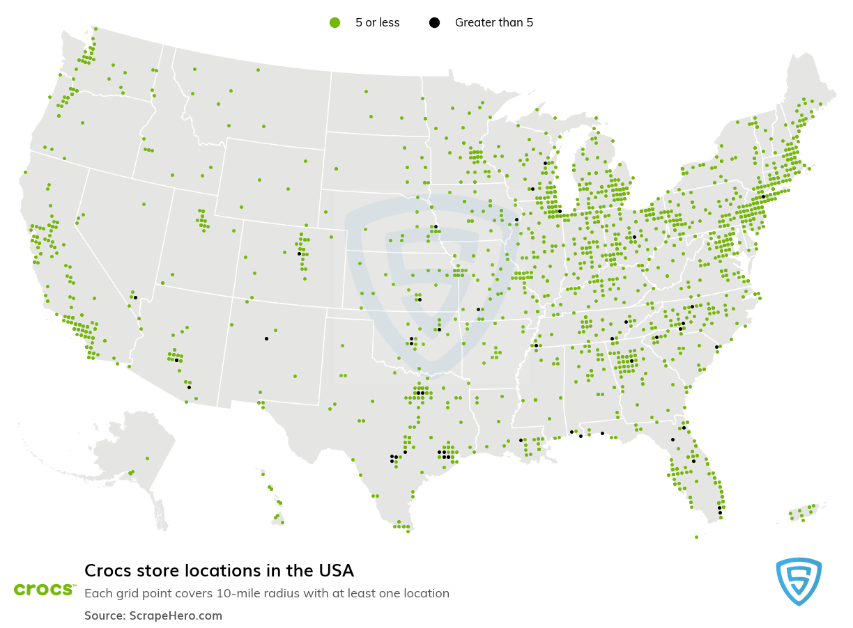 Map of Crocs retail stores in the United States