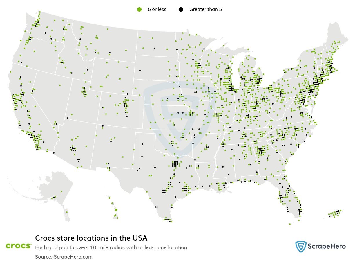 Map of Crocs stores in the United States