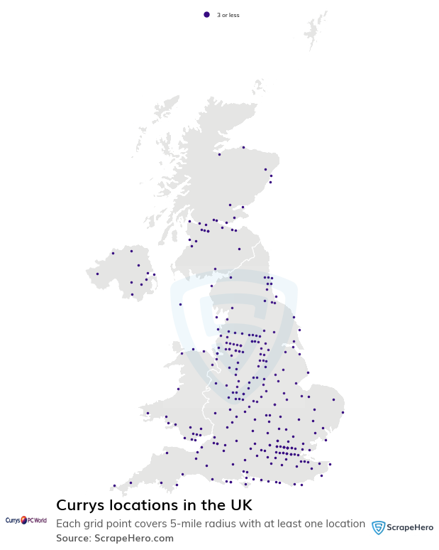 Map of Currys stores in the United Kingdom