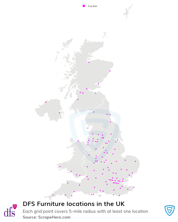 Map of DFS Furniture stores in the United Kingdom