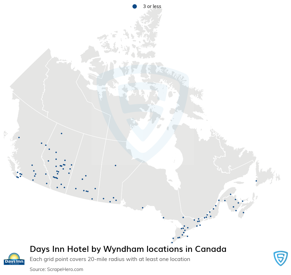 Map of Days Inn locations in Canada in 2022