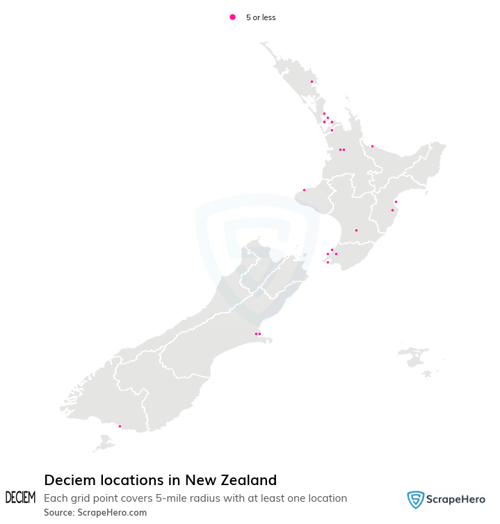 Map of Deciem dealerships in New Zealand