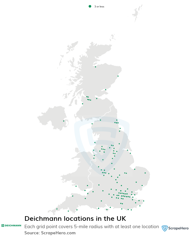 Map of Deichmann stores in the United Kingdom