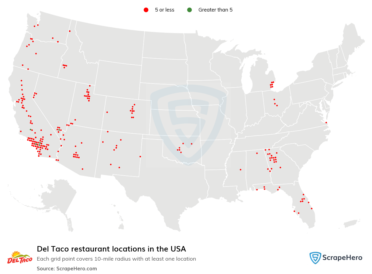 Map of Del Taco restaurants in the United States